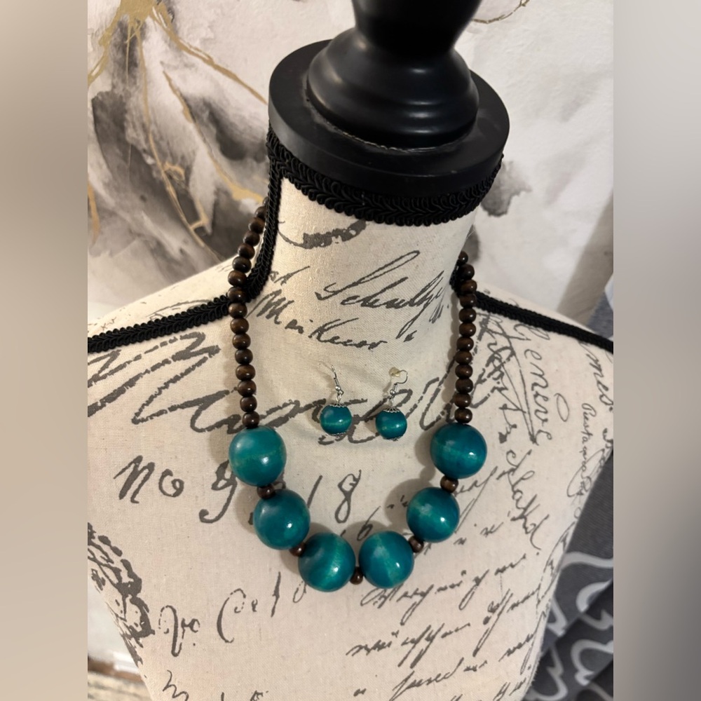 Teal and Brown Beaded Necklace and Earring Set